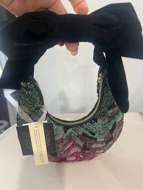Beaded Multicolor Crescent Shoulder Bag with Black Velvet Bow
